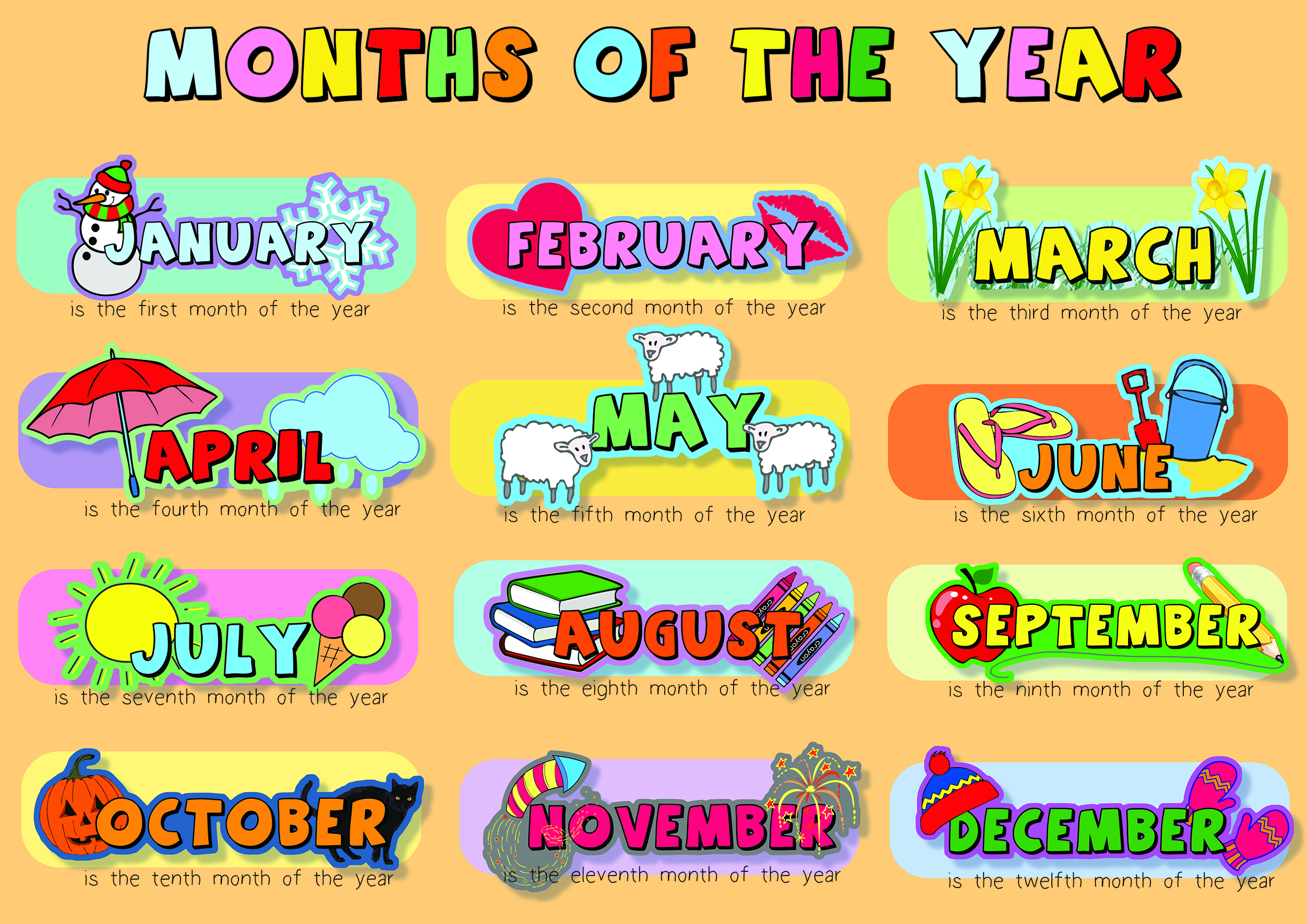 Months of the year for kids. Months of the year. Плакат months. Месяца по английскому. Название месяцев по английскому.