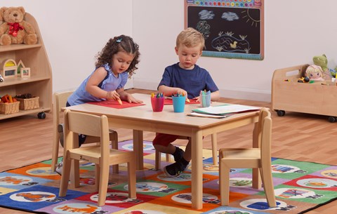 Small Rectangular Table and 4 Beech Stacking Chairs