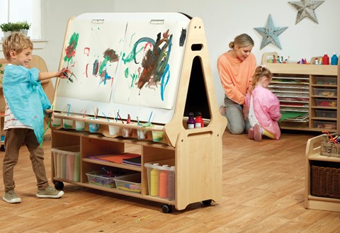 Double Sided 4 Station Chalk/Whiteboard Easel with Tall Easel Storage Trolley