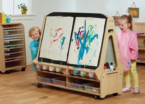 Double Sided 4 Station Chalk/Whiteboard Easel with Low Storage Trolley